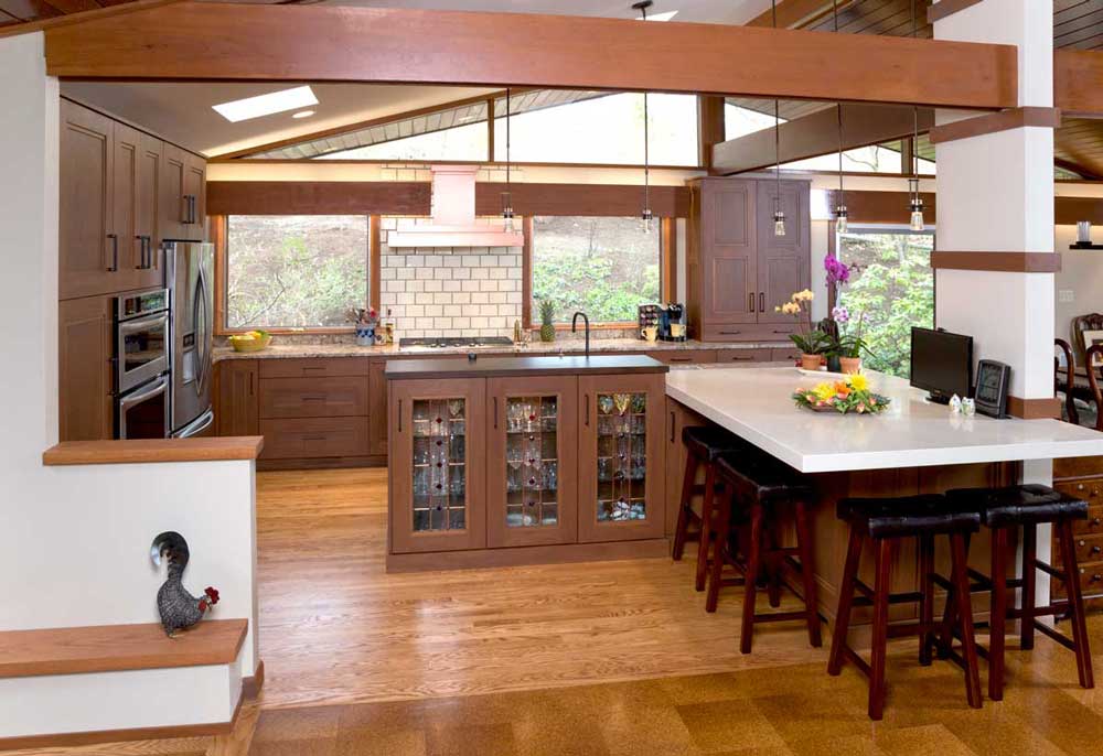 Modern Craftsman Kitchen with Wood Ceiling Beams and Mahogany Wood Cabinets with Bronze Cabinet Hardware