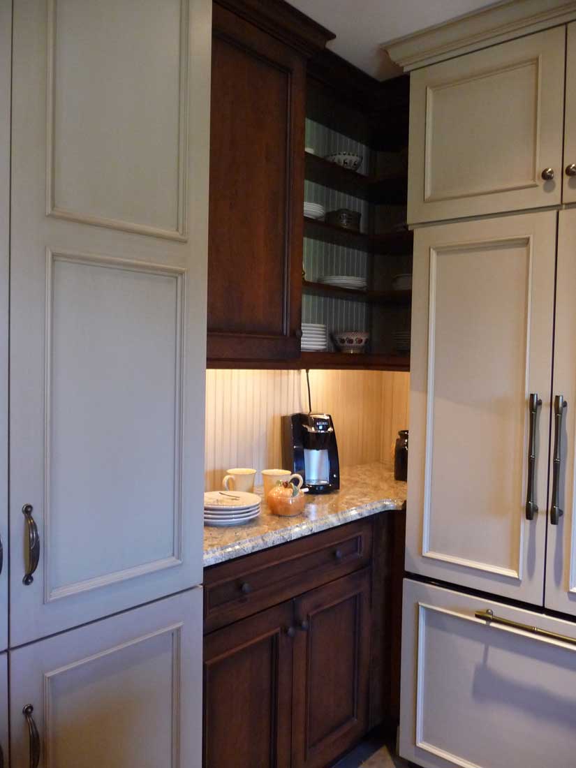 Functional Kitchen Corner with Open Shelving used for storage and a coffee prep area underneath